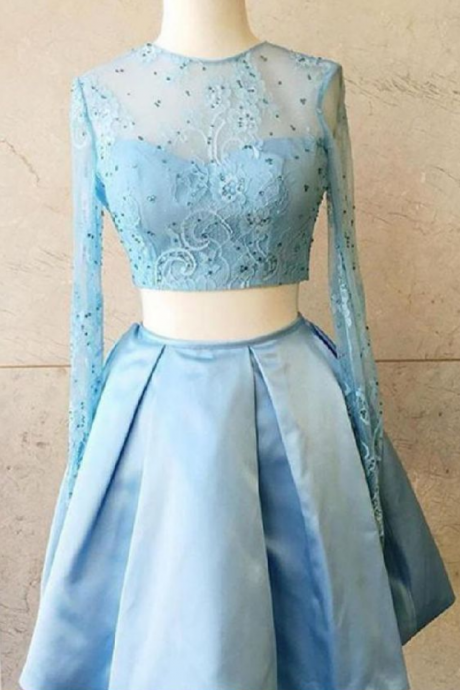Homecoming Dress Two Piece, Long Sleeves Homecoming Dress, Blue Homecoming Dress, Lace Homecoming Dress