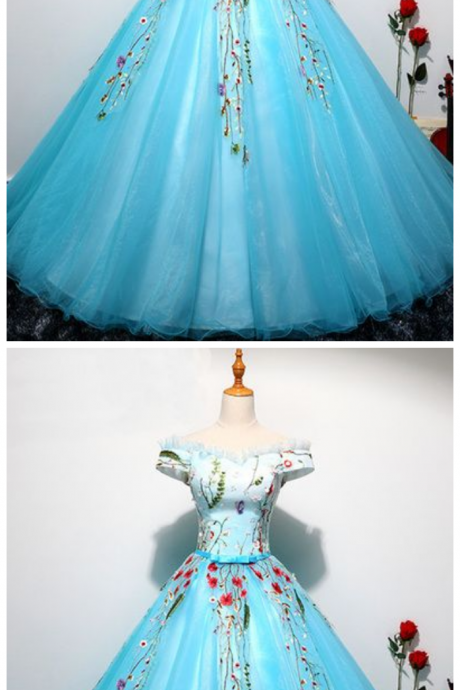Sweetheart Ice Blue Tulle Long Off Shoulder Ball Gown, Senior Evening Dresses