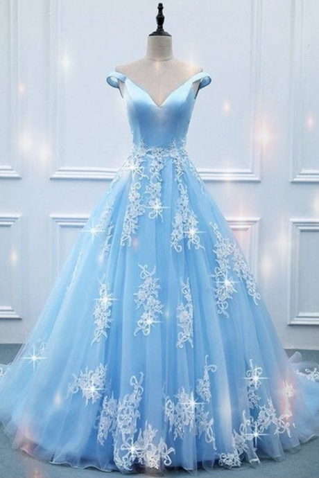 Elegant V-neck Off Shoulder Light Blue Prom Dresses Ball Gowns