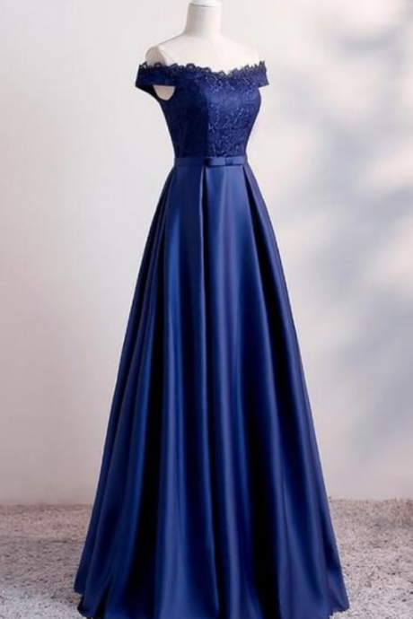 Simple Navy Blue Off Shoulder Bridesmaid Dress, Long Lace And Satin Dress