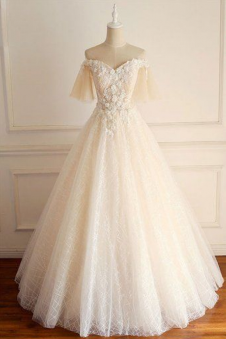 Champagne Tulle Lace Long Prom Dress, Champagne Tulle Wedding Dress