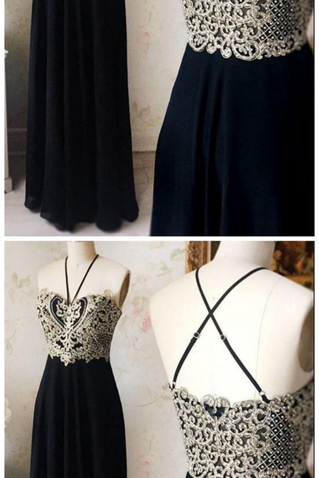 Black Chiffon Lace Long Prom Dress, Black Evening Dress