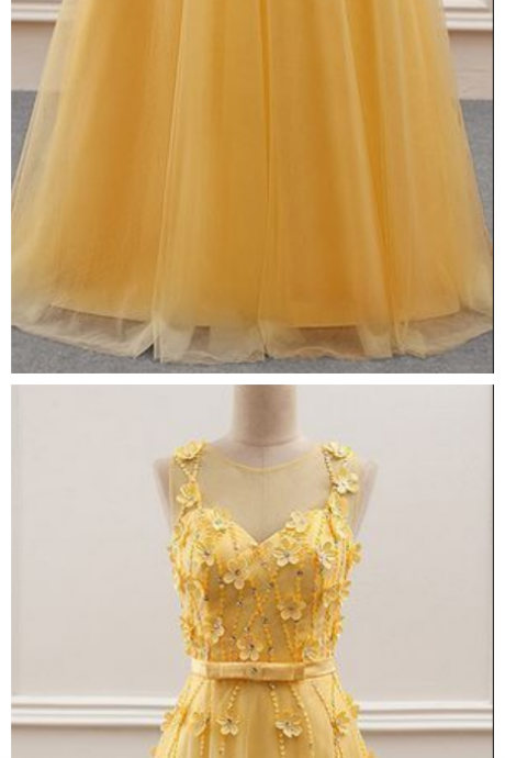 Tulle Jewel Neckline A-line Prom Dress With Beadings & Handmade Flowers