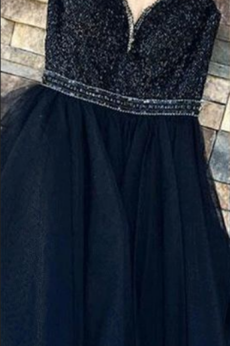 A-line Illusion Short Navy Blue Tulle Homecoming Dress With Beading
