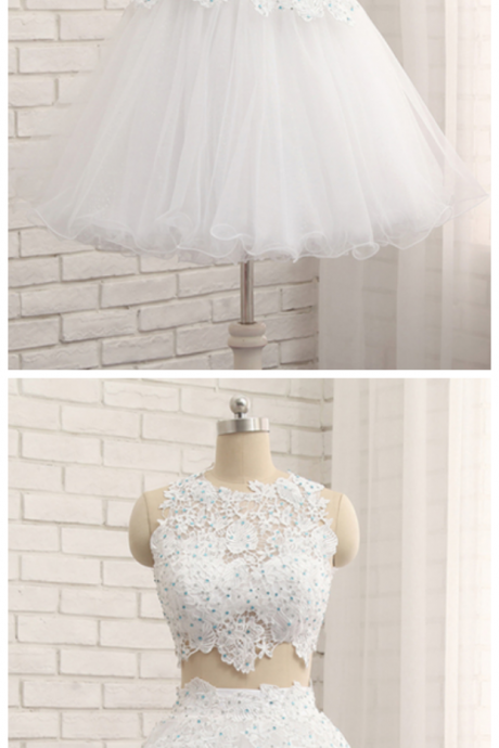 White Tulle Short Two Pieces Homecoming Dress, Lace Prom Dress