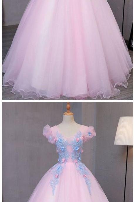 Special Pink Tulle V Neck Long Prom Gown With Blue Flower Lace Appliqués