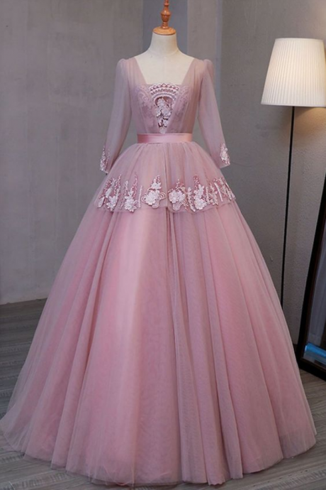 Smoking Pink V Neck Long Evening Dress With Appliqués, Long Sleeves Lace Up Winter Formal Prom Dress
