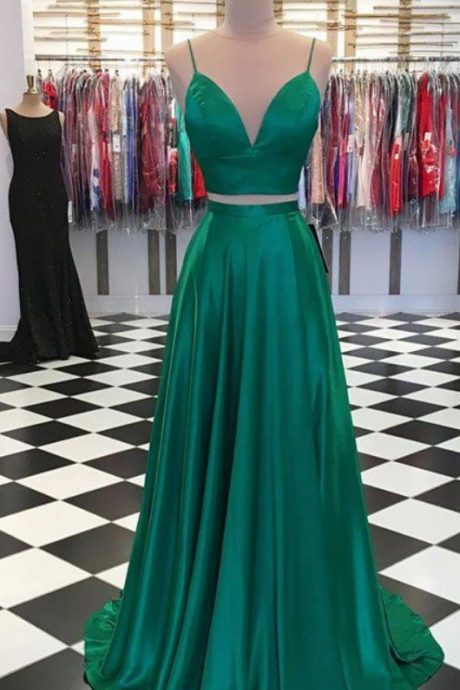 Green v neck satin long prom dress, two pieces evening dress