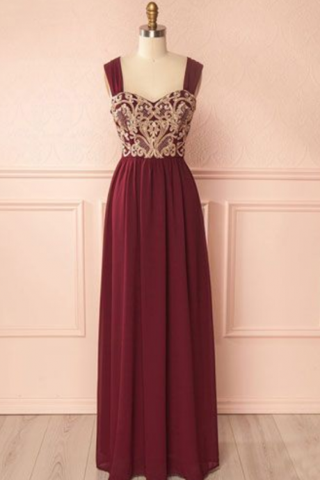Burgundy Chiffon Lace Applique Long Prom Dress, Burgundy Evening Dress