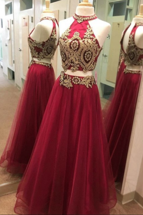 Two Piece Prom Dresses A Line High Neck Sexy Gold Applique Long Burgundy Prom Dress