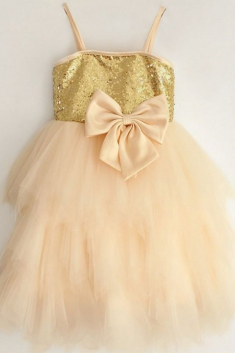 A-line Spaghetti Straps Champagne Flower Girl Dress With Bow