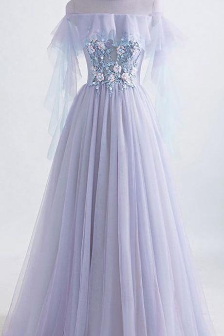 Modest Tulle Jewel Neckline Floor-length A-line Prom Dress With Beaded Lace Appliques