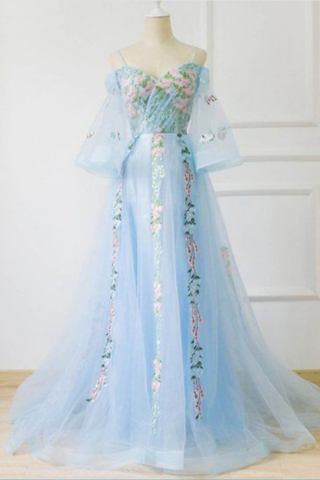 Sweetheart Neck Blue Tulle Off Shoulder Long Prom Dress, Evening Dress With Sleeves