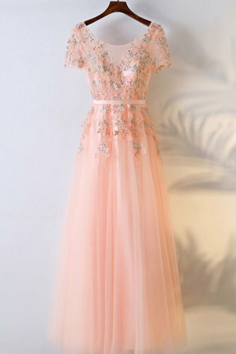 A-line Crew Short Sleeves Floor-length Coral Tulle Prom Dress With Appliques