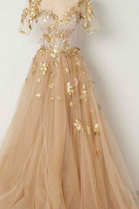 Chic A-line Scoop Prom Dresses With Sleeve Gold Long Prom Dress Evening Dresses