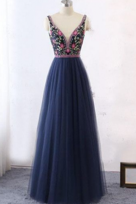 Chic A-line Straps Long Prom Dresses Beaded Prom Dress Royal Blue Evening Dresses