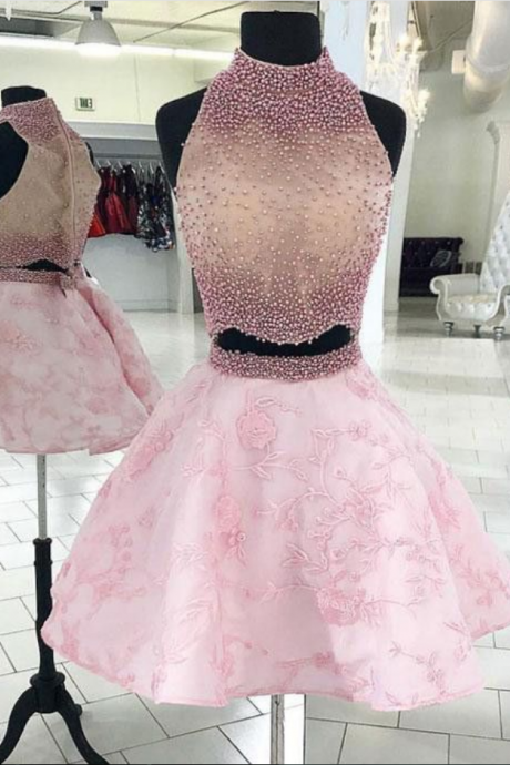 Chic Two Pieces A-line High Neck Homecoming Dresses Ombre Short Prom Dress Beaded Homecoming Dresses