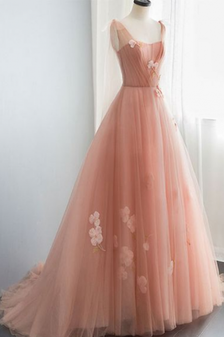 Pink Sweetheart Neck Tulle Long Prom Dress, Pink Evening Dress