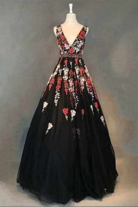 A-line Deep V-neck Floor-length Backless Black Satin Prom Dress With Appliques