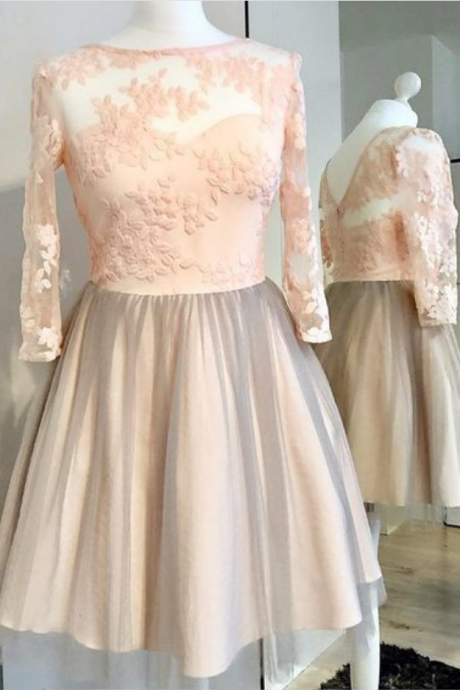 A-line Bateau Long Sleeves Pink Tulle Homecoming Dress With Appliques