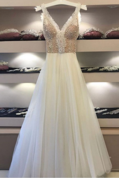 A-line Straps Ivory Prom Dress Unique Beading Prom Dresses Long Evening Dress