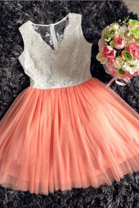 Illusion Back V-neck Coral Short Homecoming Dress With Lace