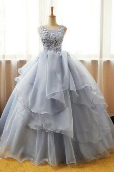 Gray Round Neck Lace Tulle Long Prom Dress, Ball Gown
