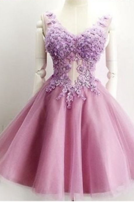Homecoming Dress V-neck Appliques Lilac Short Prom Dress Party Dress