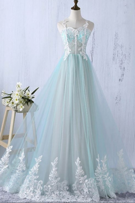 Sweetheart Mint Tulle Long Lace Senior Prom Dress, Party Dress