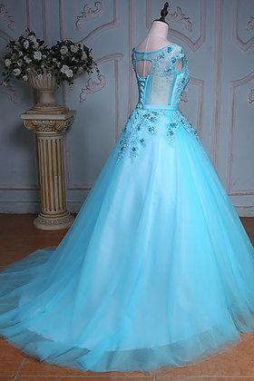 Blue Tulle Scoop Neck Long Winter Formal Prom Dress, Long Beaded Evening Dresses
