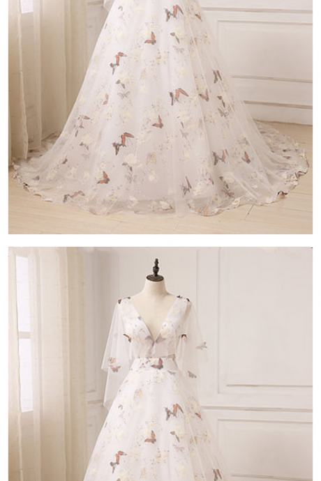 Unique Ivory Floral Print Tulle Long V Neck Sweet 16 Prom Dress With Sleeves