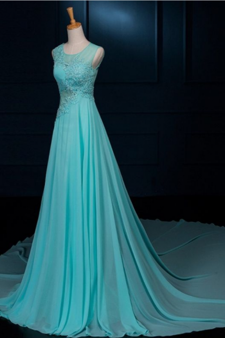 Beaded/beading Prom Dresses, Light Blue A-line/princess Prom Dresses, Long Light Blue Prom Dresses, Long Lace Beaded Chiffon Modest Empire Prom