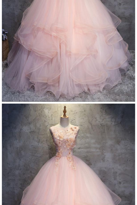 Pink Round Neck Tulle Lace Applique Long Prom Dress, Pink Evening Dress