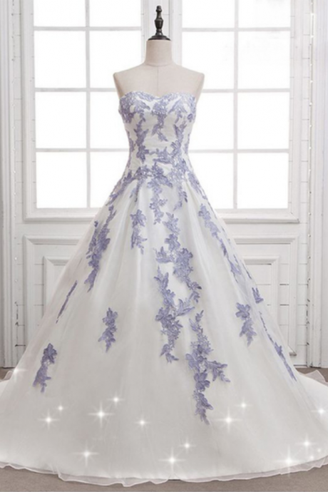 White Tulle Strapless Long A-line Senior Prom Dress With Blue Lace Appliques