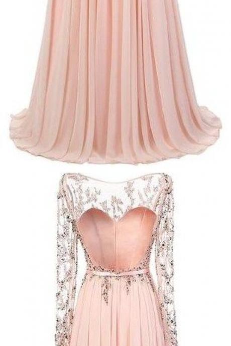 Elegant A-line Scoop Prom Dresses,floor Length Pink Chiffon Prom/evening Dress With Long Sleeves