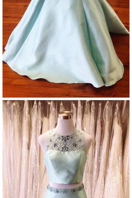 Charming Two Piece Round Neck Open Back Long Mint Mermaid Prom Dress With Beading Rhinestone