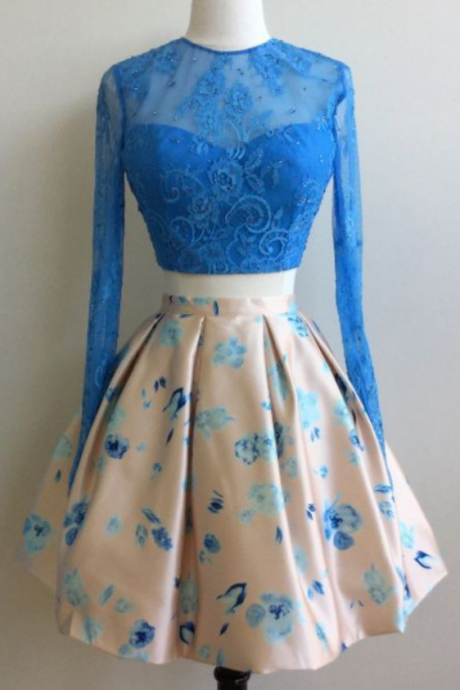 Stylish Two Piece Jewel Long Sleeves Short Floral Sky Blue Homecoming Dress With Lace Top Beading