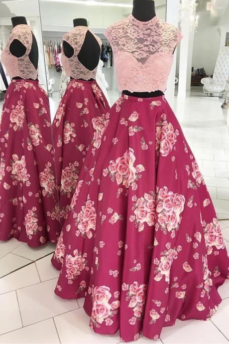 Two Piece Pink Floral Long Prom Dress