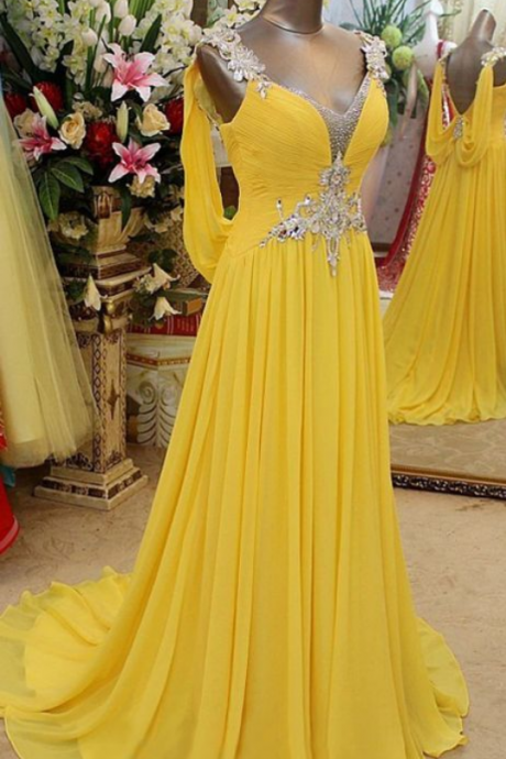 Yellow Prom Dresses, Long Prom Dresses, 2018 Pretty V-neck Long Chiffon Backless Beaded Prom Dresses