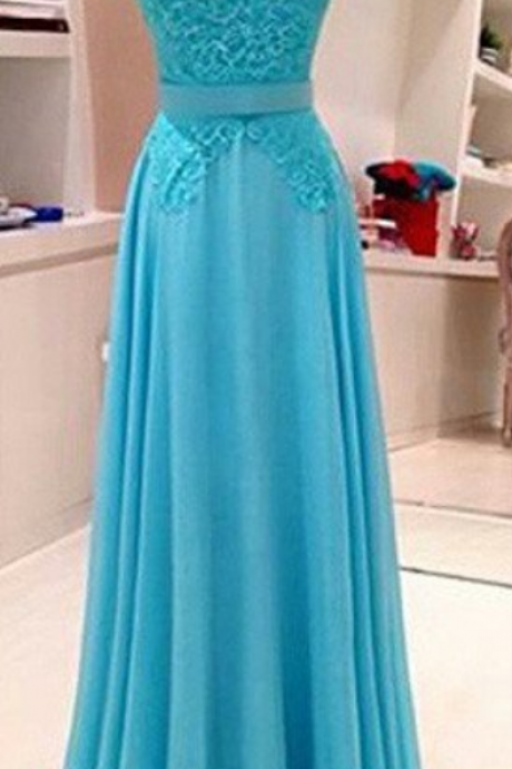Blue Lace Long Prom Dress, Blue Evening Dress For Teens