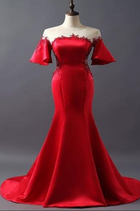 Mermaid Scoop Neckline Short Sleeves Red Satin Floor Length Prom Dresses