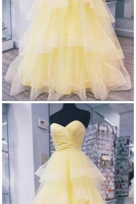 Yellow Tulle Strapless Long Layered Sweet 16 Prom Dress, Evening Dress