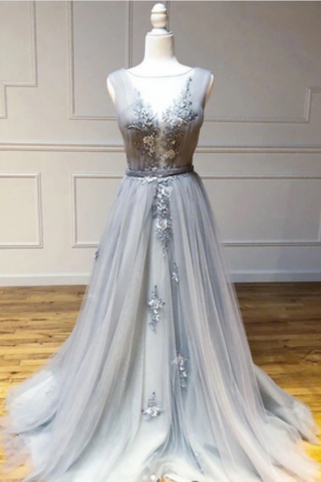 Grey Tulle Lace See Through Long Round Neck Formal Prom Dress, Evening Dress