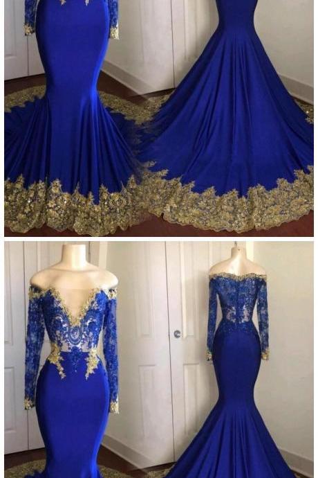 Royal Blue Long Sleeve Mermaid Prom Dresses Off The Shoulder Lace Appliques Court Train Party Dress Gowns