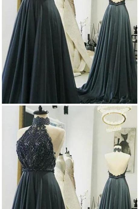 Grey Halter Lace Beaded Long Prom Dresses ,backless Evening Dresses,prom Dress