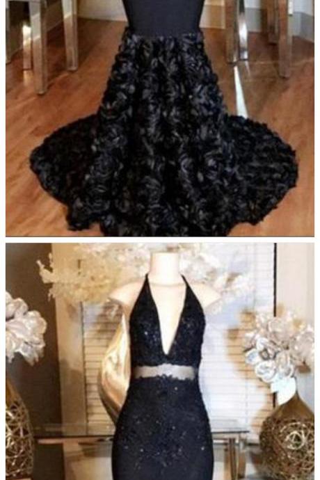 Sexy Black Girls Mermaid Prom Dresses 2018 Lace Halter Deep-v-neck Appliques With Rose Flowers Formal Evening Dress Party Gowns
