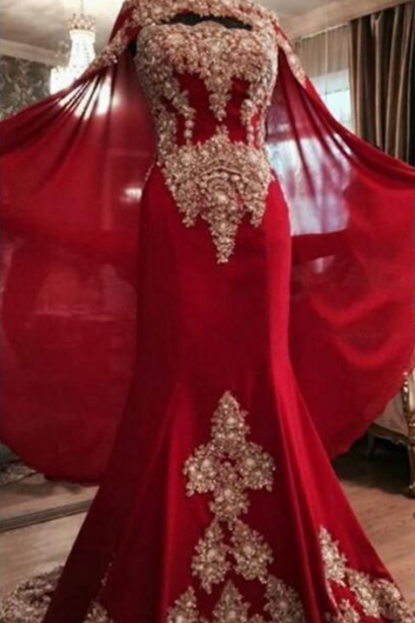 Luxurious Lace Red Arabic Dubai India Evening Dresses Sweetheart Beaded Mermaid Chiffon Prom Dresses With A Cloak Formal Party Gowns
