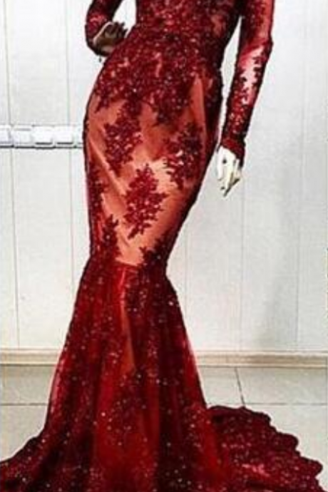 Dark Red Lace Mermaid Evening Dresses Robe De Soiree 2018 Custom Made Floor Length Long Sleeve Formal Evening Dress Women Gowns