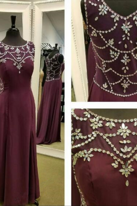 Burgundy Chiffon Prom Dress,round Neck Long Prom Dress,evening Dress,sleeveless Prom Dress With Beading,floor Length Prom Party Gowns