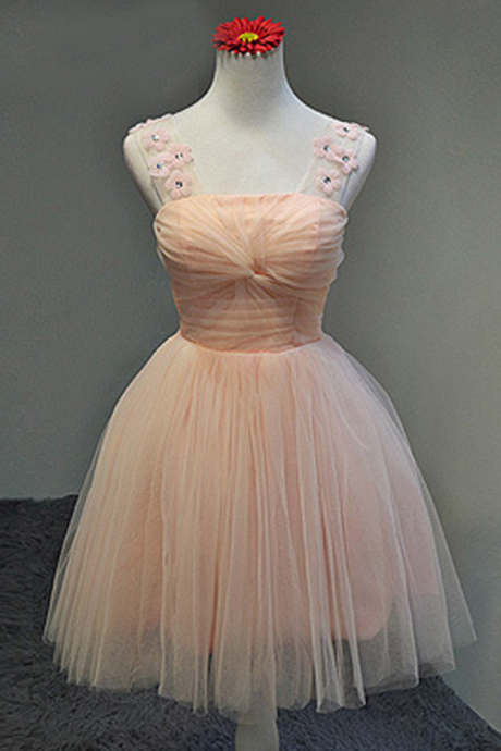 Straps Pink Cute Homecoming Dress Tulle Short Prom Dress Bridesmaid Dresses